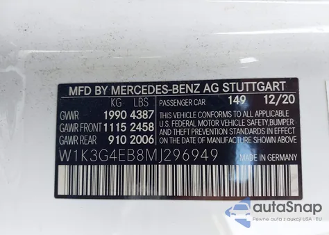 2021 Mercedes-Benz A 220 from USA, damaged, VIN W1K3G4EB8MJ296949